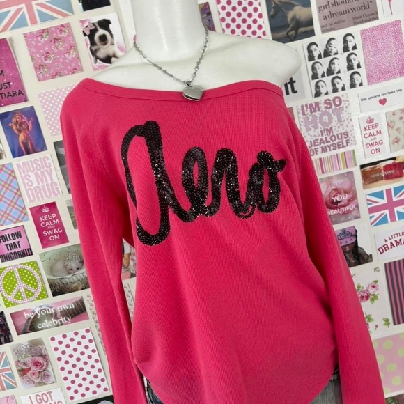 y2k aeropostale pink sequin logo waffle knit top size L - Picture 6 of 7